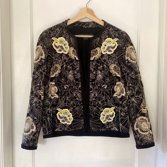 French Connection Floral Embroidery Long Sleeve Open Front jacket Black Size 10 - Picture 1 of 16